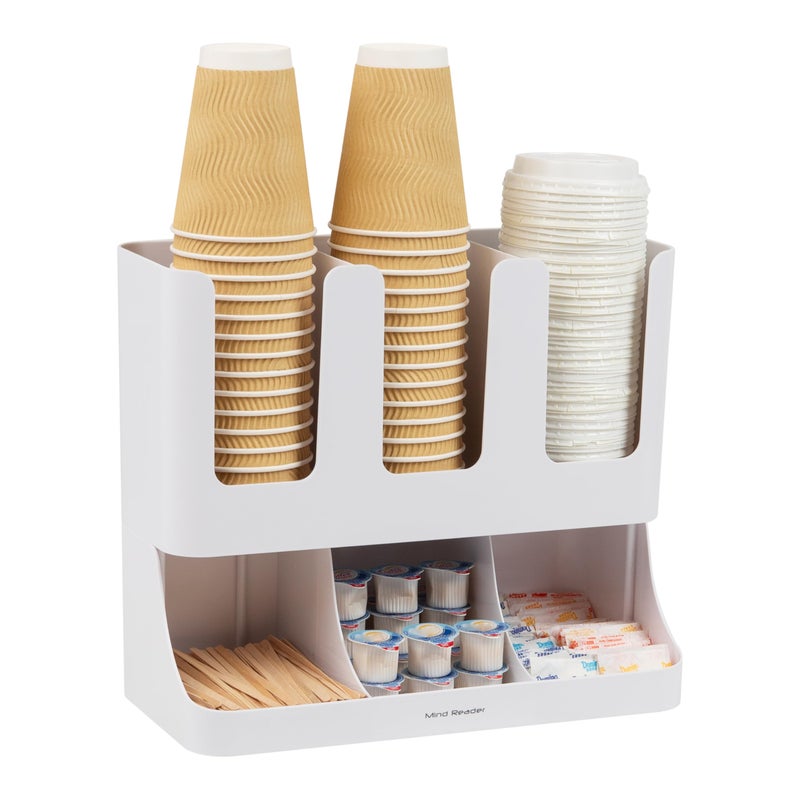 Mind Reader 6 Compartment Upright Breakroom Coffee Condiment and Cup Storage Organizer, White - Image 1
